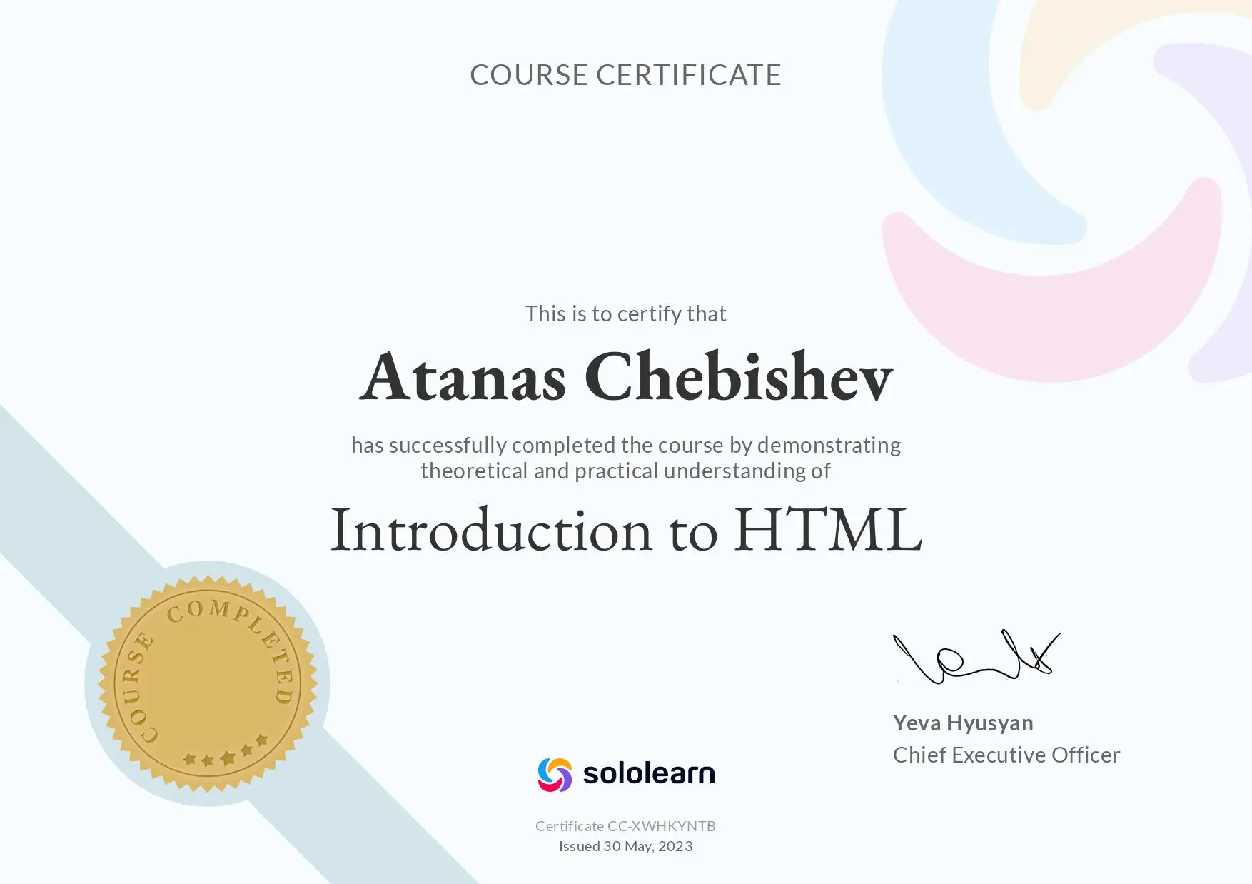 Sololearn Introduction to HTML certificate